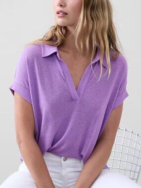 Banana Republic Linen-Blend Johnny Collar Shirt Purple